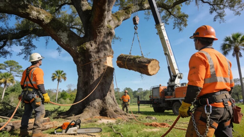 Tree removal service team working safely in Deltona, FL, showcasing professional tree care
