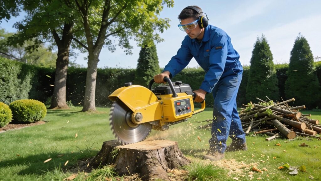 Professional tree service trimming and stump grinding in process, highlighting landscape care