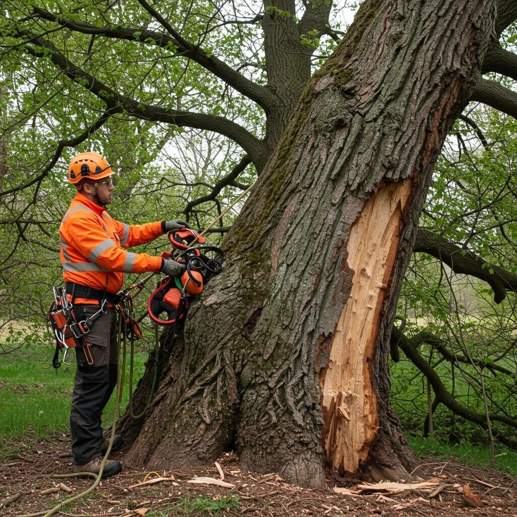 Close-up of a hazardous tree showing decay and structural instability, emphasizing the need for removal