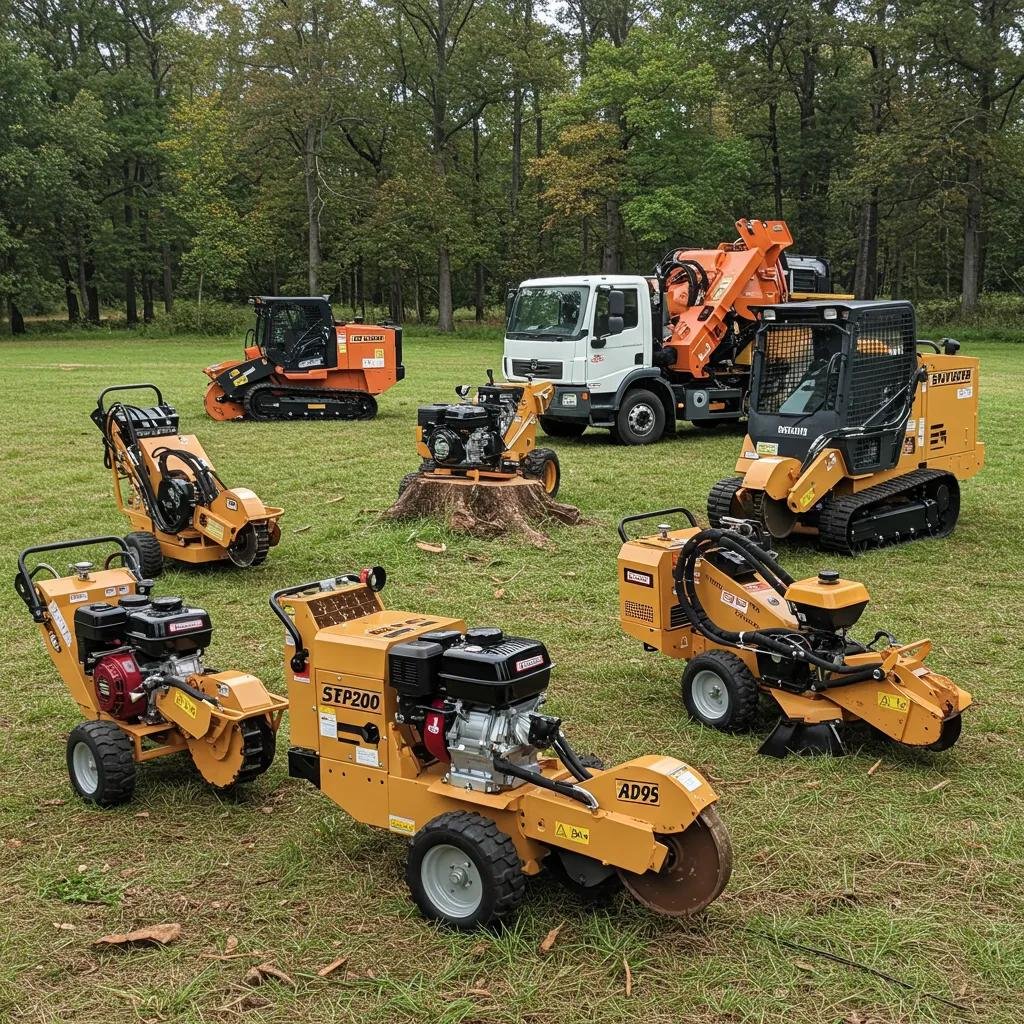 Different types of stump grinding equipment displayed outdoors, highlighting their uses and sizes