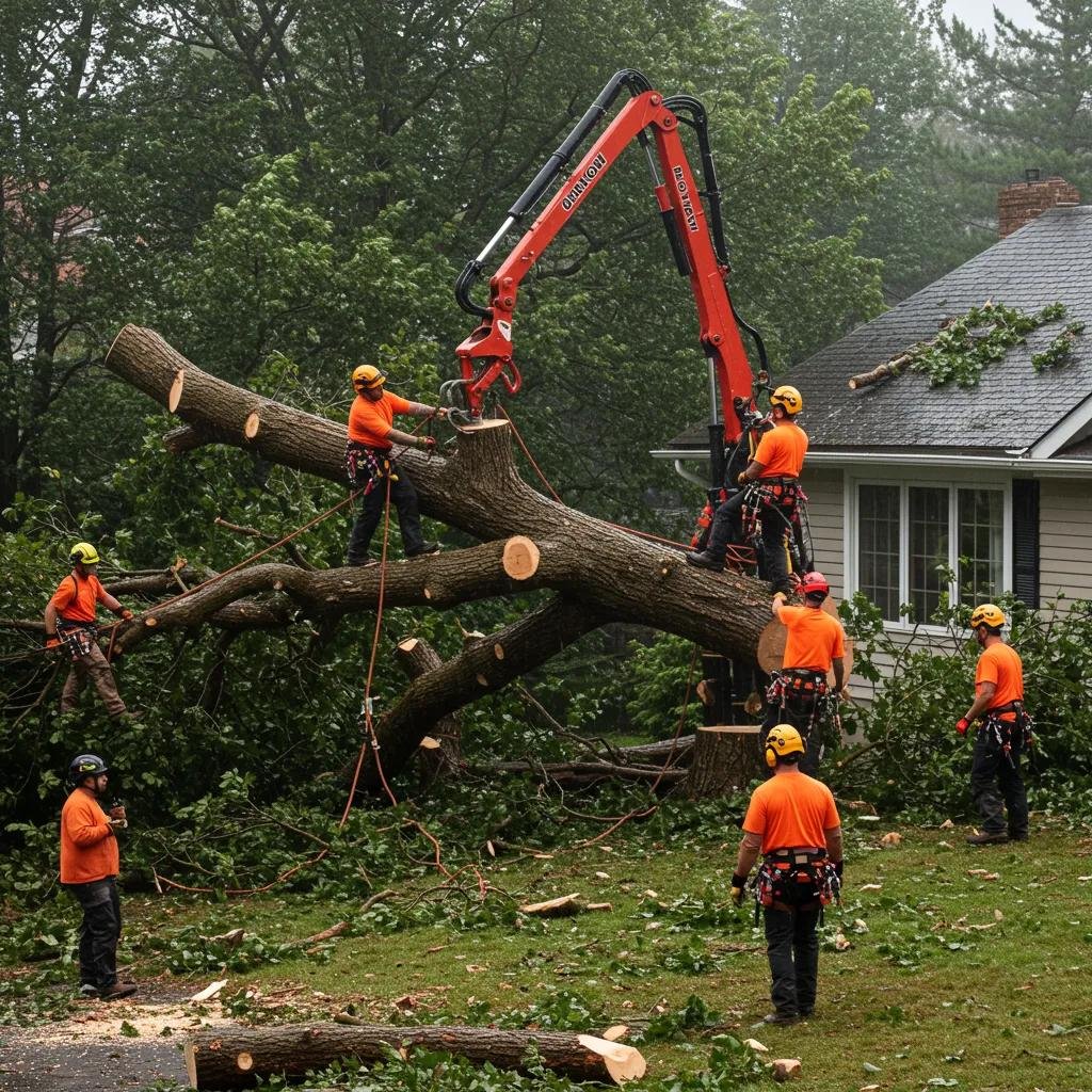 Emergency tree service crew removing a large tree during a storm in Volusia County