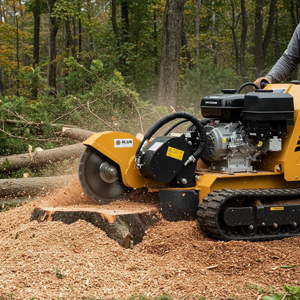 Stump grinding machine in action, illustrating the process of reducing tree stumps to wood chips