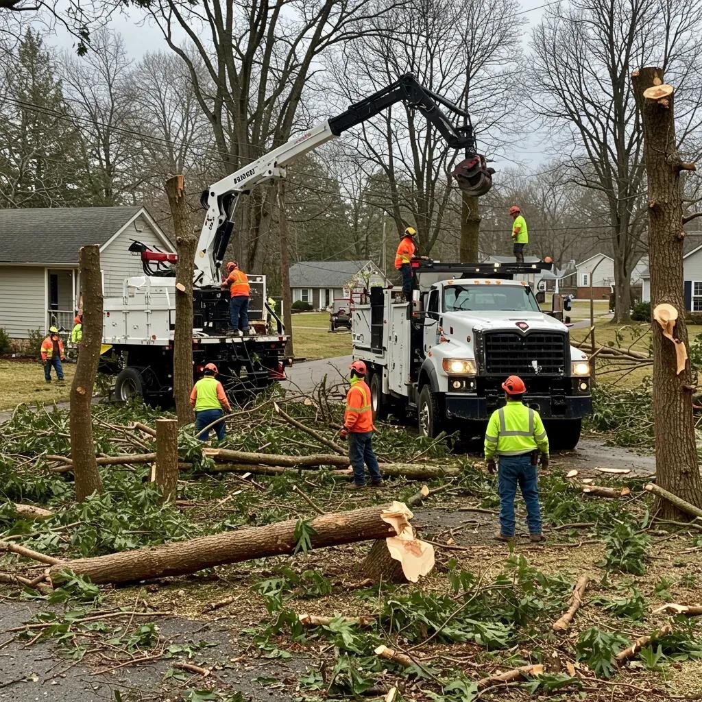 Tree service team performing storm damage cleanup with grapple trucks and safety gear